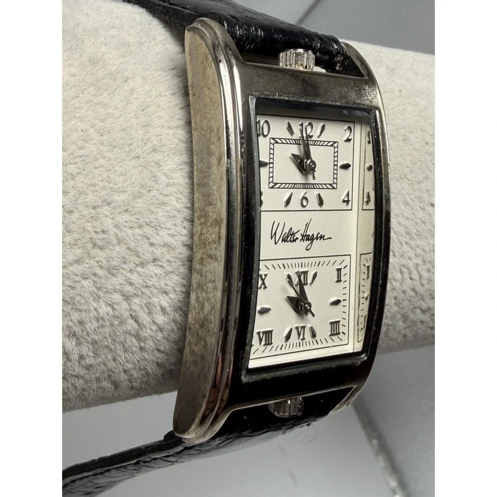 Walter Hagen WH948BKSL Dual Time New Batteries Ladies Tank Watch 23MM 7.75